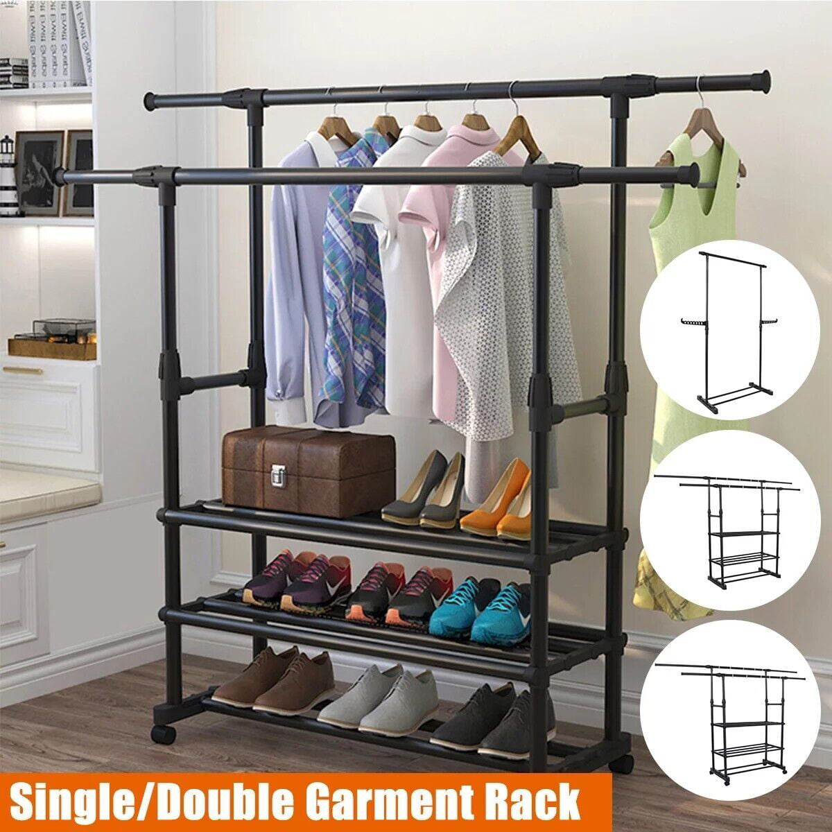 2/3 Layers Double Rail Clothes Garment Rack Heavy Duty Commercial Grade Clothing Black