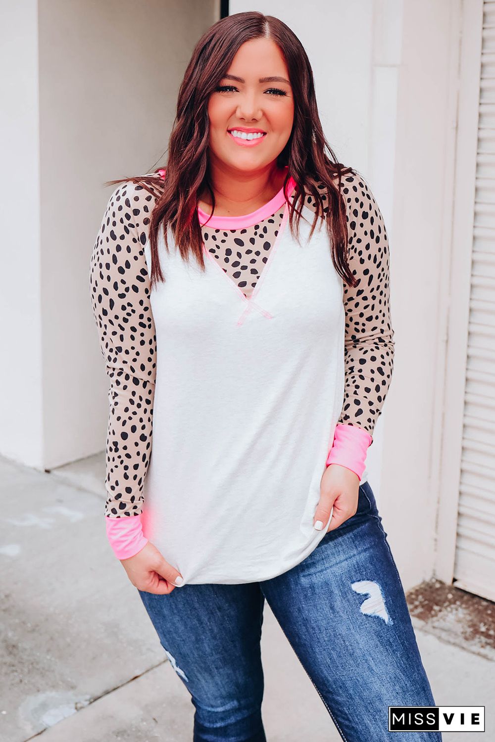 White Leopard Patchwork Long Sleeve Plus Size Top