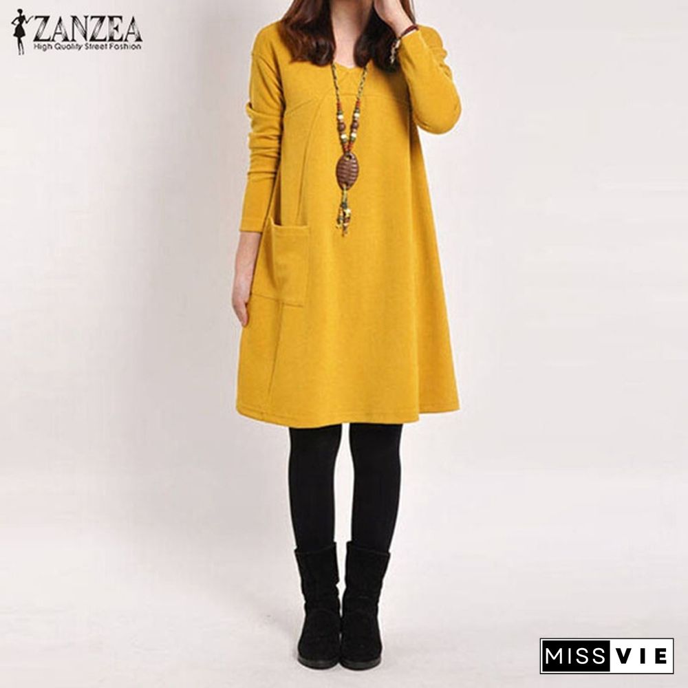 Women V Neck Long Sleeve Casual Loose Tops Shirt Jumper Dress Plus Size