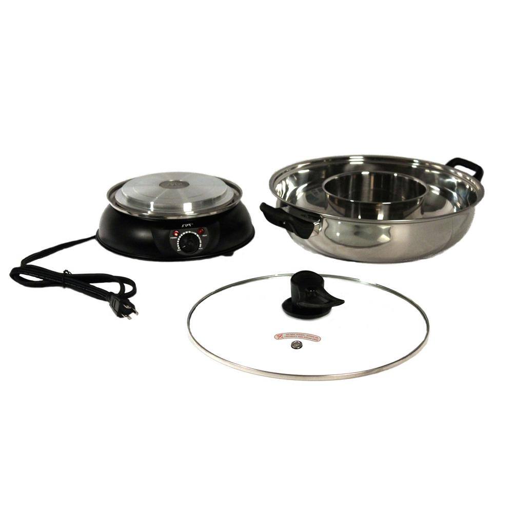 SPT Shabu Shabu 5 Qt. Stainless Steel Electric Multi-Cooker with Stainless Steel Pot and-Glass Lid SS-303A