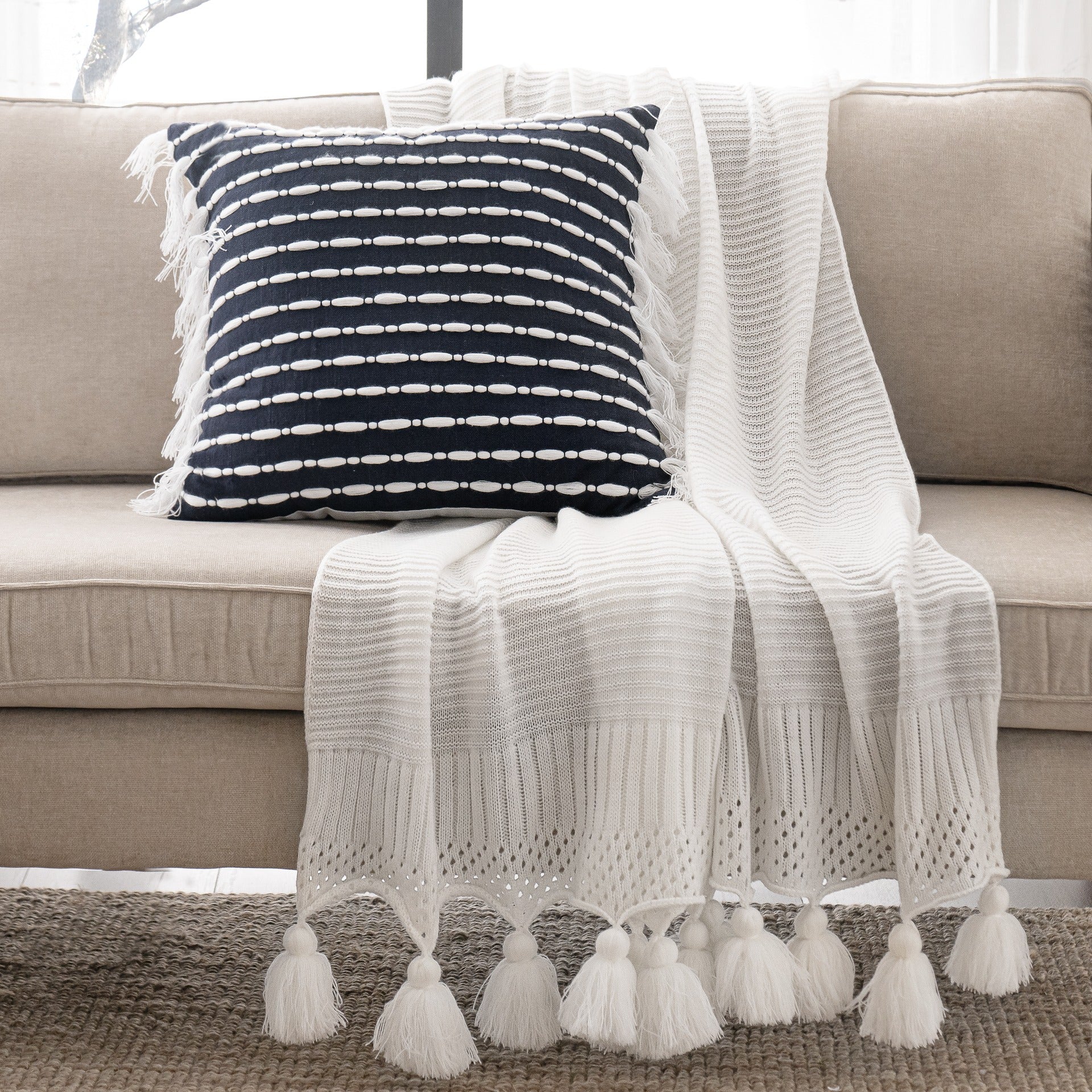 Linear Tassel Pillow + Boho Knitted Tassel Throw Bundle