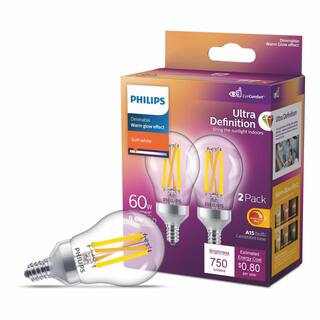 Philips 60-Watt Equivalent A15 Ultra Definition Dimmable Clear Glass E12 LED Light Bulb Soft White with Warm Glow 2700K (2-Pack) 573394