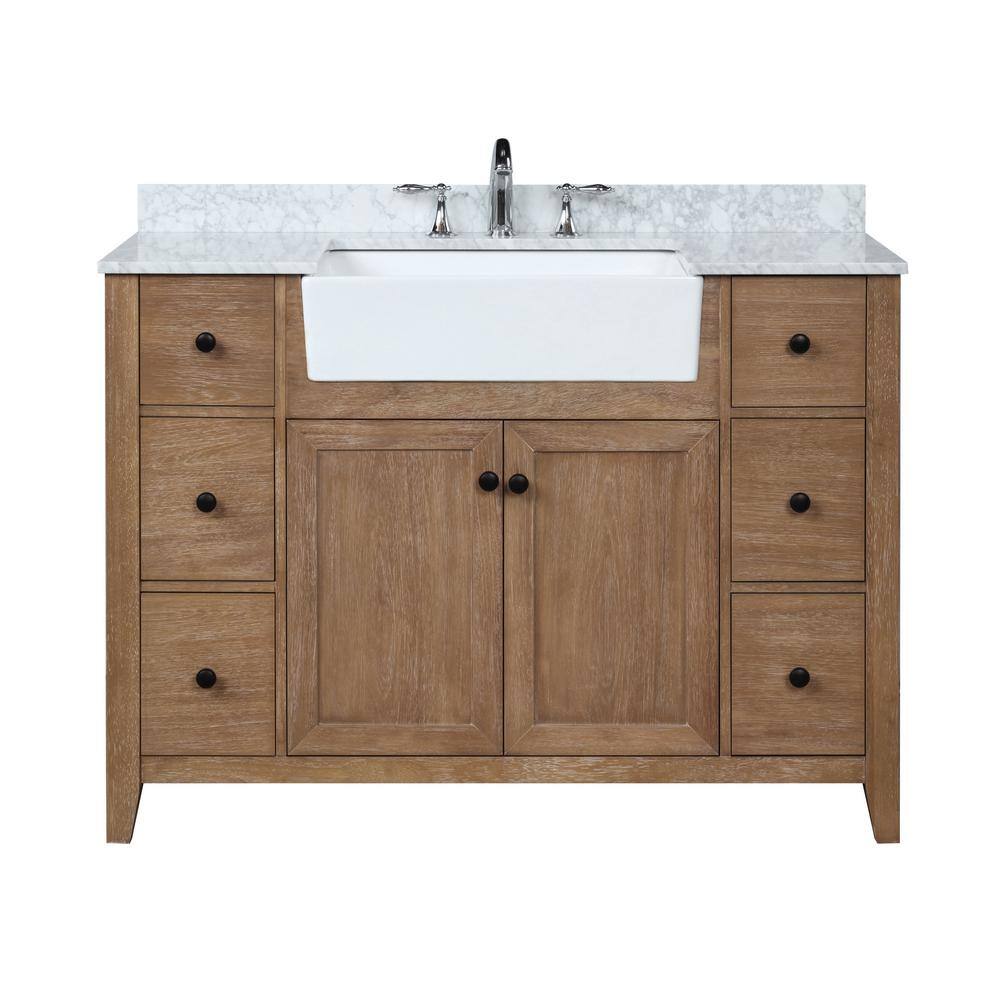 Ari Kitchen and Bath Sally 48 in. Single Bath Vanity in Ash Brown with Marble Vanity Top in Carrara White with Farmhouse Basin AKB-SALLY-48-ASHBR