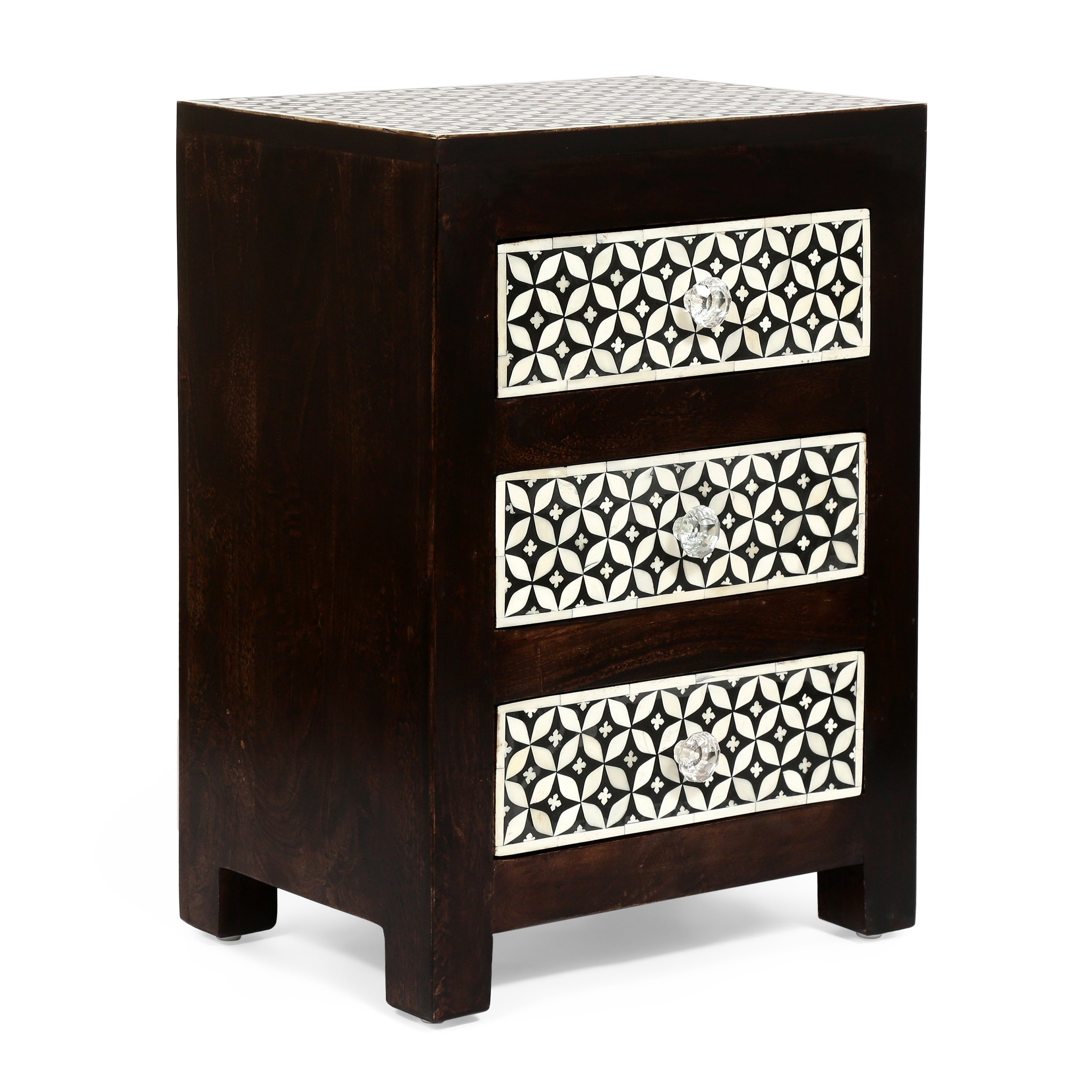 Kuna Handcrafted Boho 3 Drawer Mango Wood Nightstand