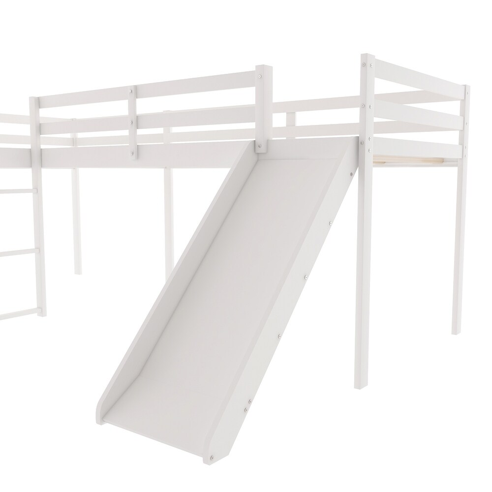 L Shaped Twin Size Loft Bed with Ladder and Slide  White