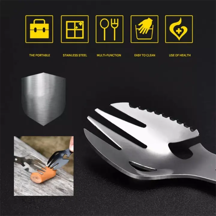 Outdoor camping mountaineering  activities stainless steel multi function small spoon fork bottle opener