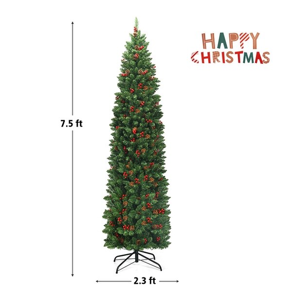 Gymax 7.5Ft PreLit Pencil Christmas Tree Hinged Artificial Slim Tree