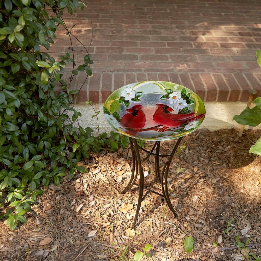 Alpine Corporation 18 in. Round Outdoor Birdbath Bowl Topper with Painted Red Cardinal and Floral Design KPP608T-18