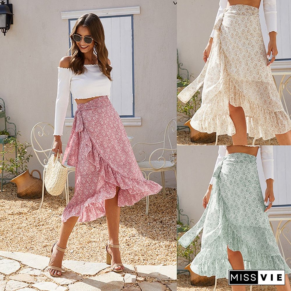 Summer Women Lace Up Split Boho Floral Print Irregular Dress Chiffon Skirt Holiday Beach Maxi Dress