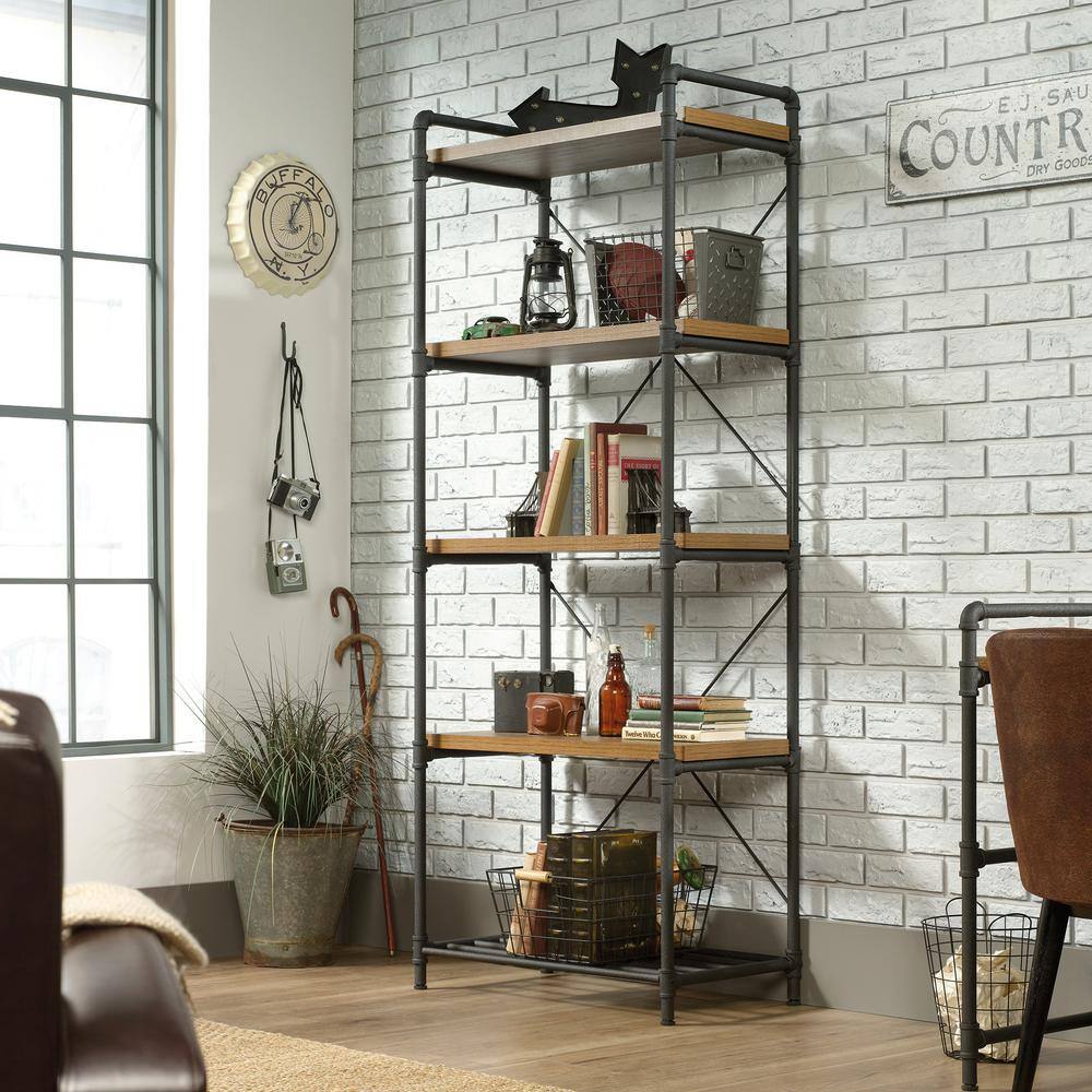 SAUDER 75.66 in. Checked Oak Metal 5-shelf Accent Bookcase with Open Back 423504