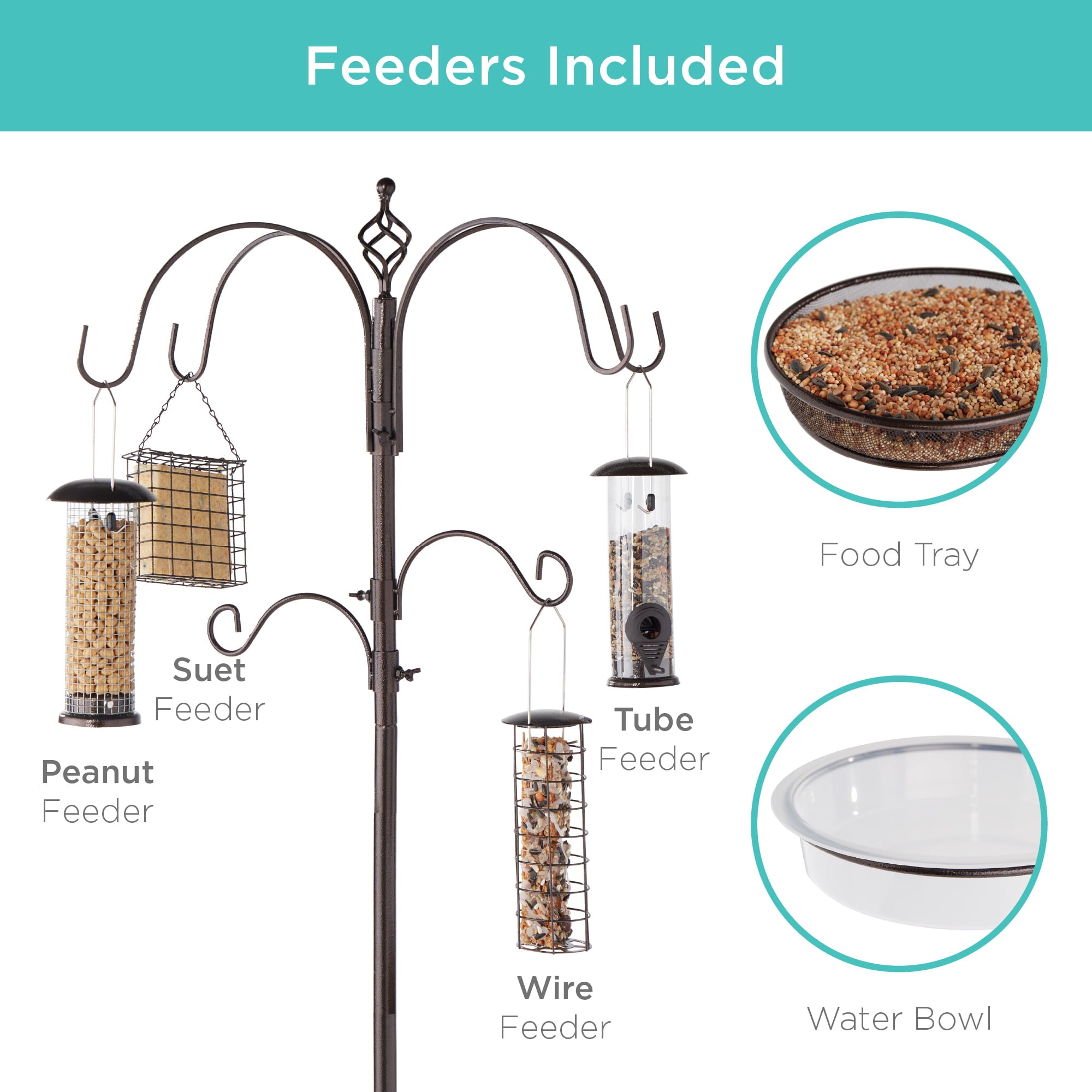 Best Choice Products 89in 6-Hook Bird Feeding Station， Steel Multi-Feeder Stand w/ 4 Feeders， Tray， Bird Bath - Brown