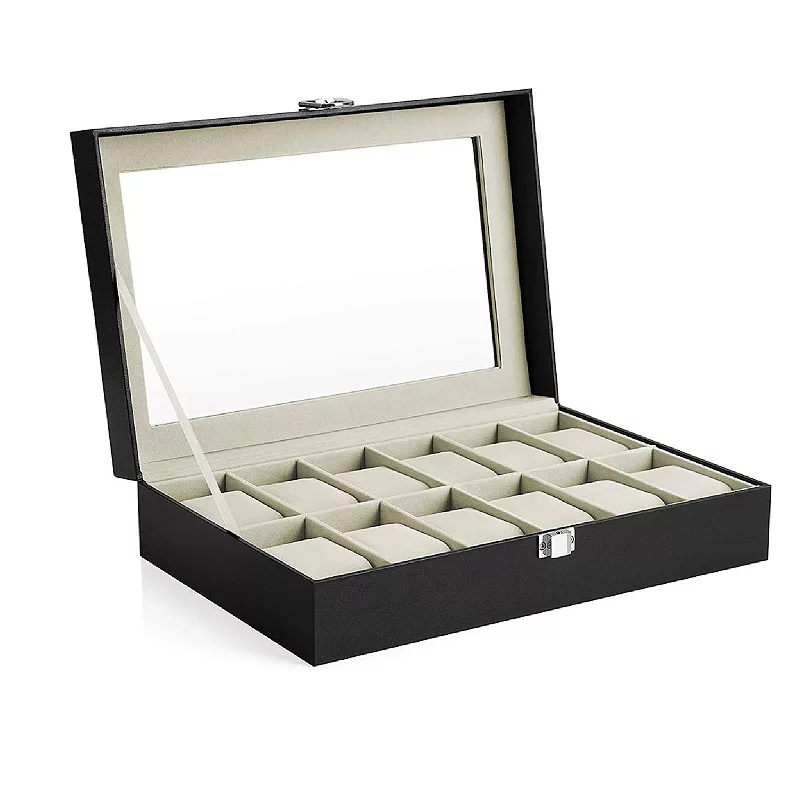 12 Slots Watch Box， Watch Holder with Glass Lid， Watch Case with Removable Watch Pillow