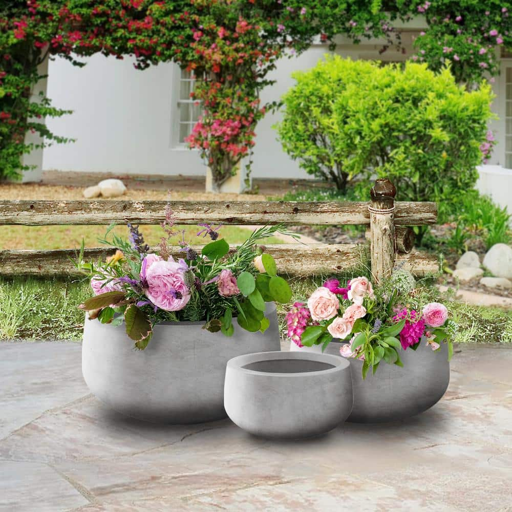 PLANTARA 20 in.， 16 in. and 10 in. D Round Raw Concrete Planter， Modern Flower Pot (Set of 3)， Outdoor Planter Pot for Garden， PA051S3-8021