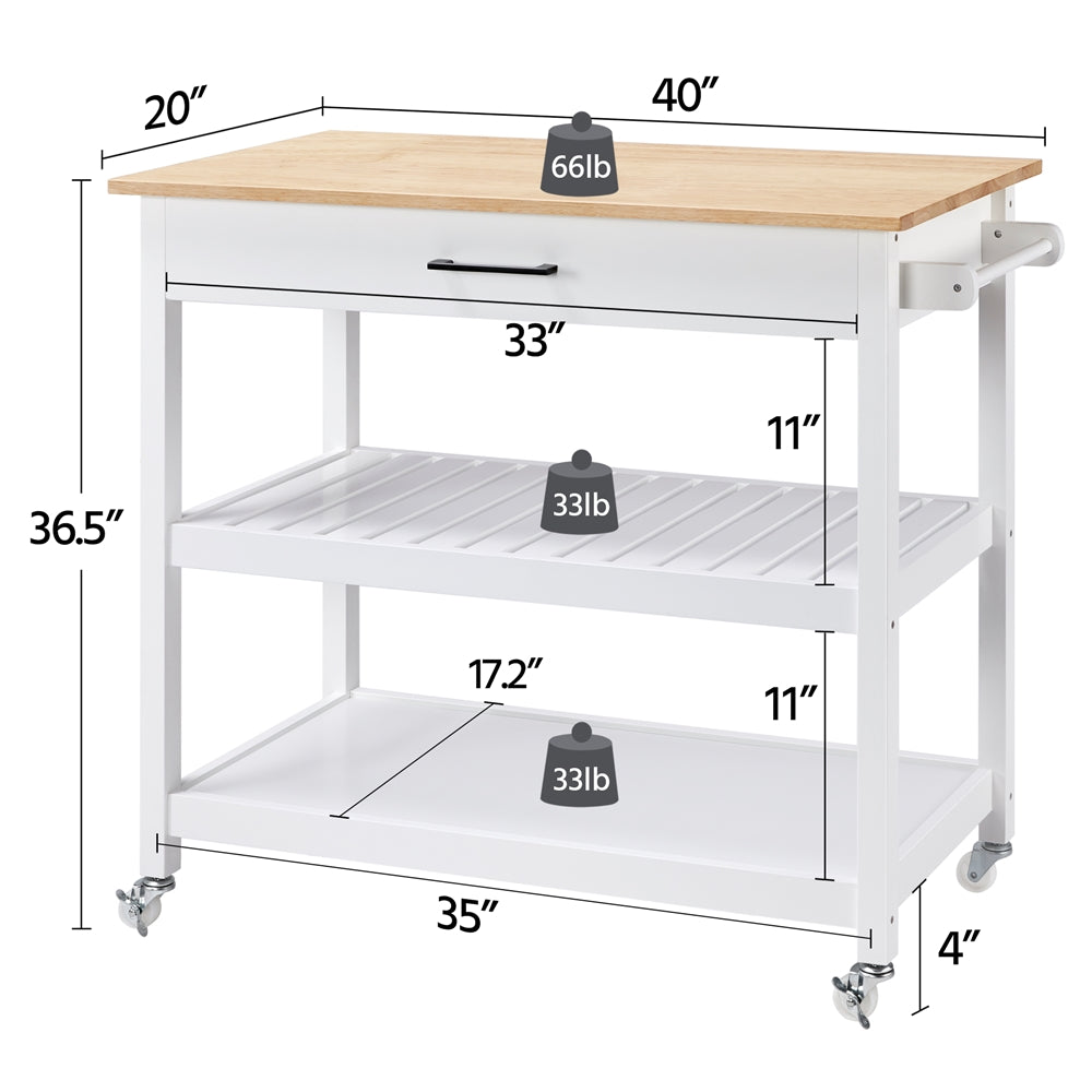 Yaheetech 3 Tier Rolling Kitchen Cart Island Cart on Wheels with Storage Shelf and Drawer Solid Wood Countertop， White