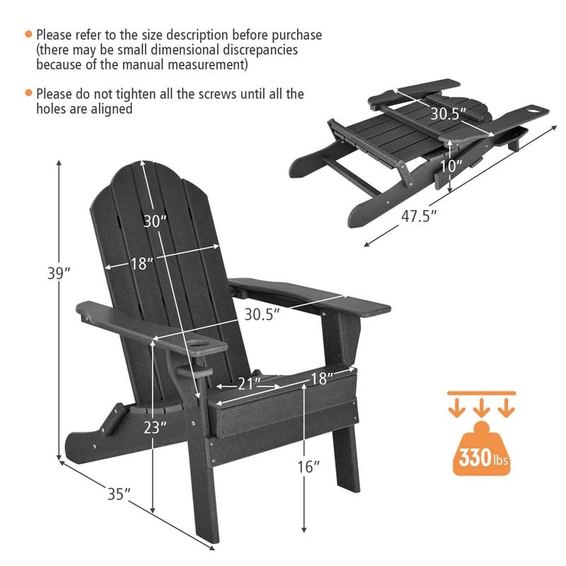 2-Pack Folding Adirondack Chairs with Built-in Cup Holder, PE Weather Resistant Outdoor Patio Folding Chairs