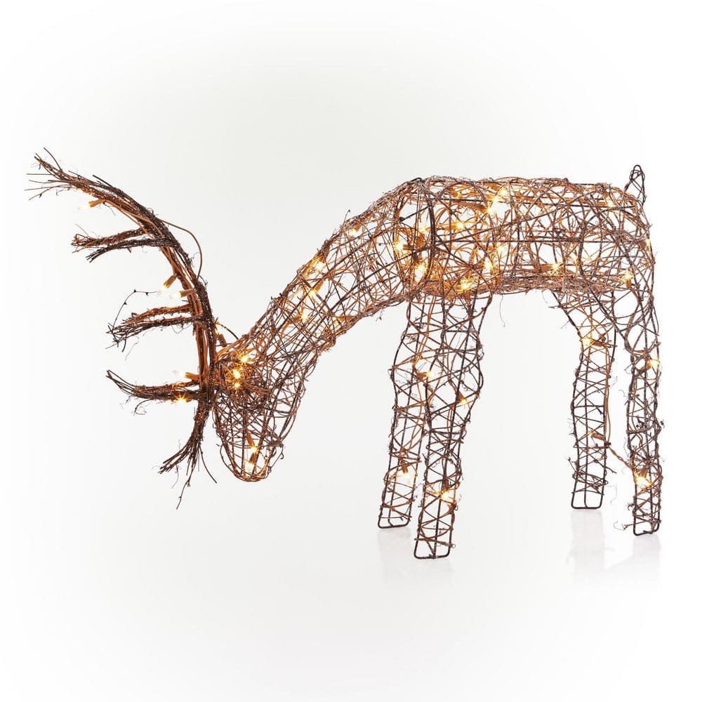 Alpine Corporation 24 in. Tall Rattan Grazing Reindeer Decoration with Halogen Lights AUH166