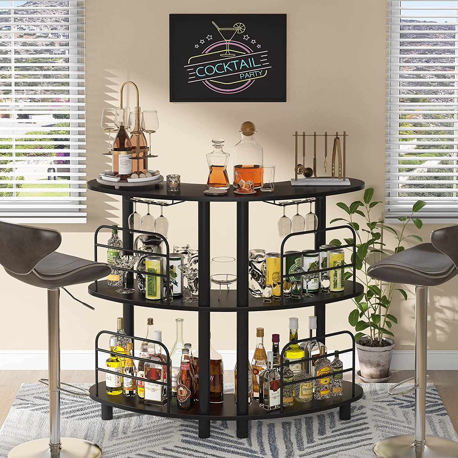 Tribesigns 3 Tier Liquor Bar Cabinet， Kitchen Wine Bar Storage with Shelves and Glasses Holder， Black