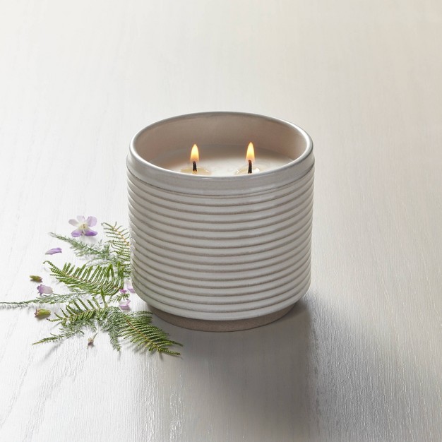 2 wick Ribbed Ceramic Bergamot Jar Candle Light Gray 12oz With Magnolia