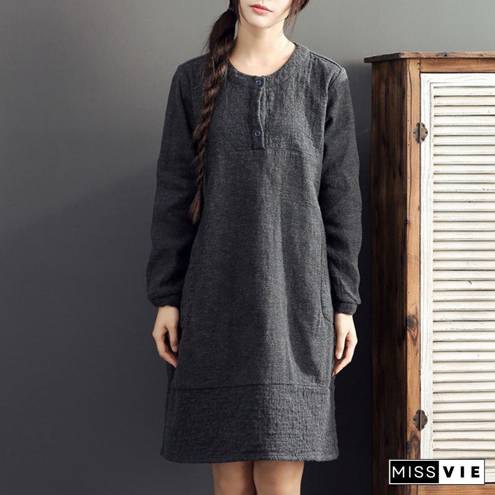 gray warm cotton linen dresses plus size casual long sleeve mid dress