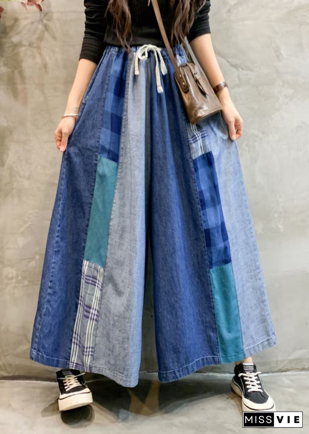 Unique Blue Pockets Elastic Waist Patchwork Wide Leg Pants Fall