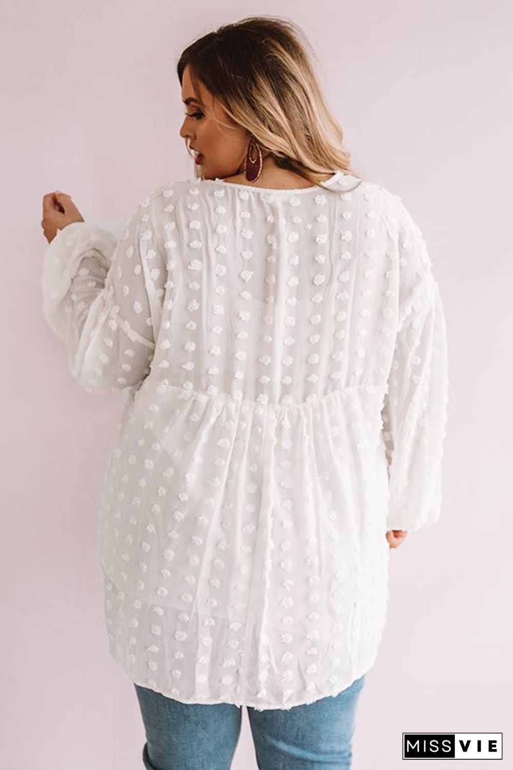 White V Neck Lantern Sleeve Swiss Dot Plus Size Blouse