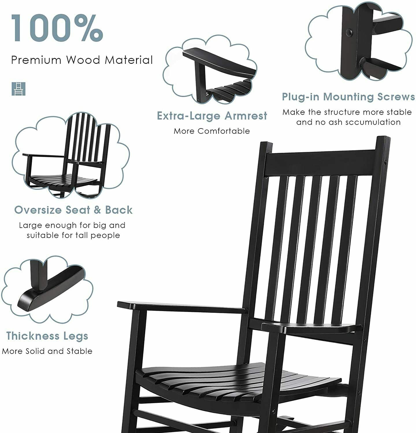 BAHOM Wooden Rocking Chair,Large Porch Rocking Chair for Garden, Balcony Black