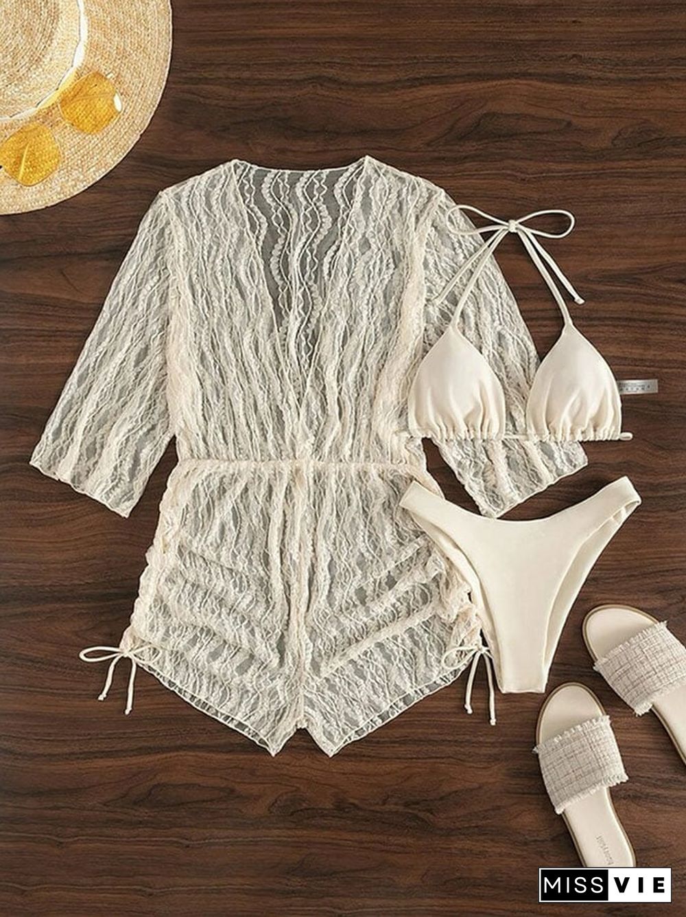 Sexy mesh waist drawstring sunscreen blouse 3-piece bikini