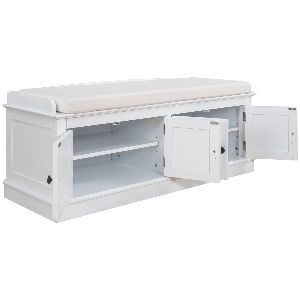 Storage Bench with 4 Doors and Adjustable Shelves  Shoe Bench with Removable Cushion