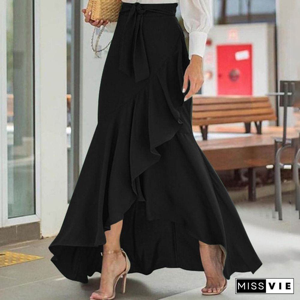 Women Ruffles Hem Mermaid Skirt Maxi Saia Elastic High Waist Asymmetrical Party Elegant Casual Long Skirt Plus Size