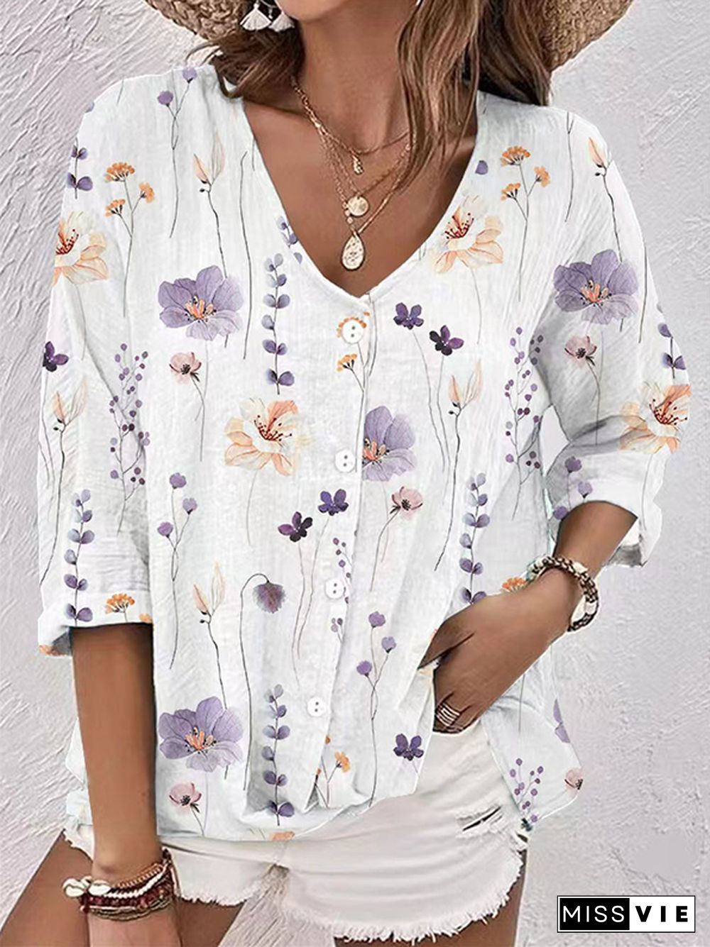 Long Sleeves Loose Buttoned Flower Print V-Neck Blouses&Shirts Tops