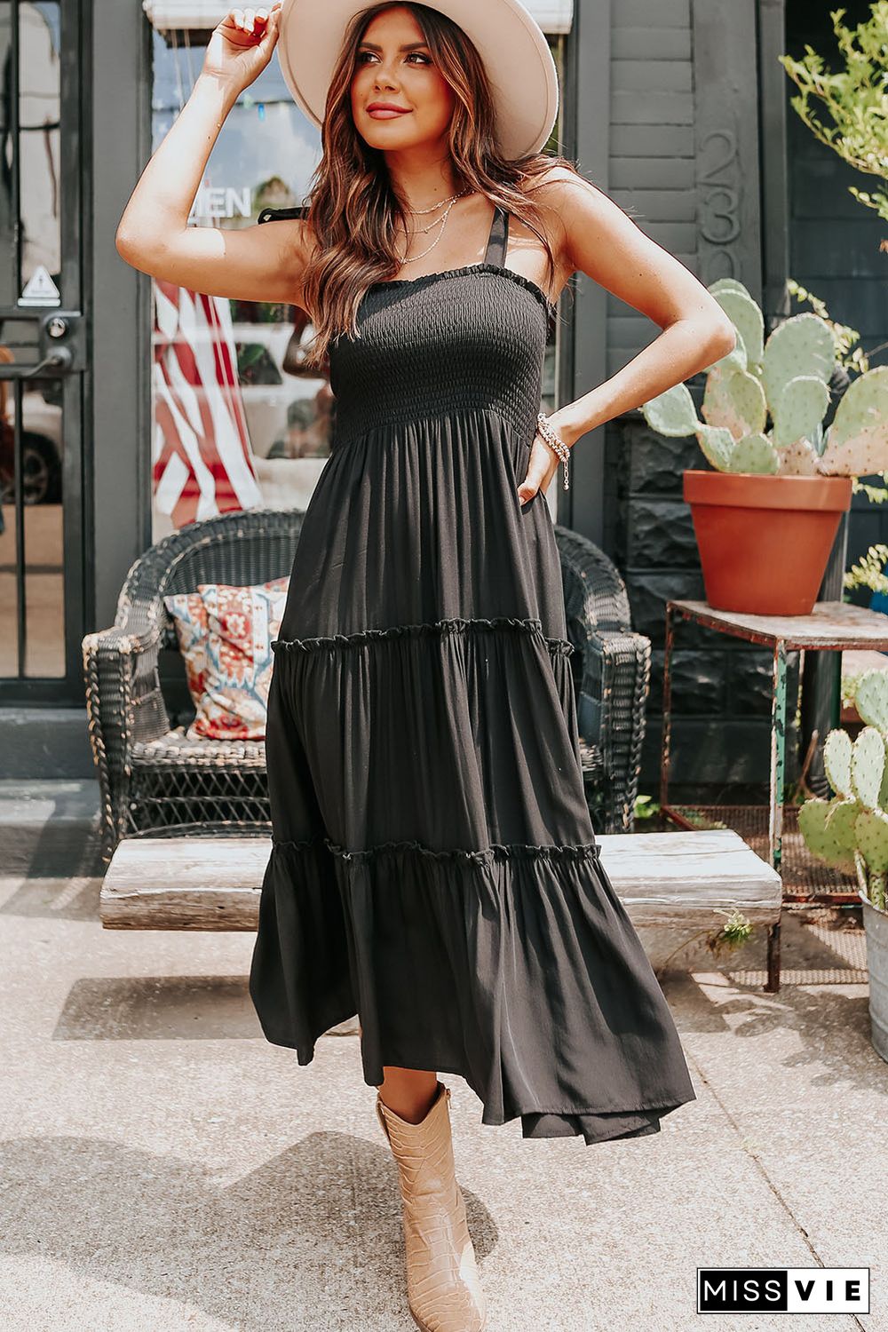 Black Tie Strap Smocked Frill Tiered Midi Dress