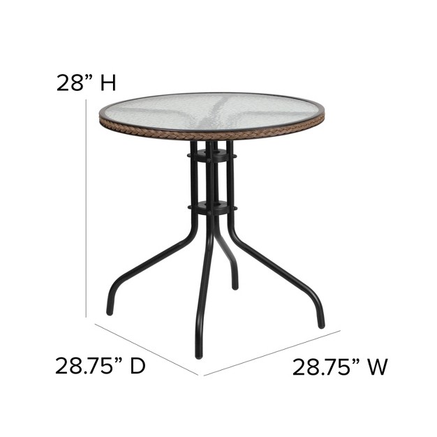 Round Tempered Glass Metal Table With Rattan Edging