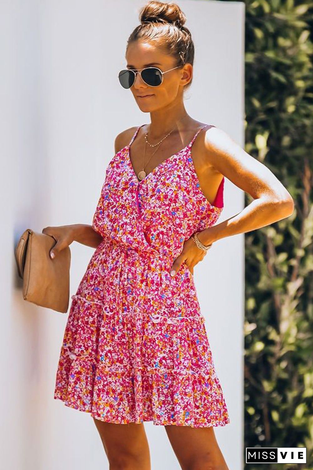 Red Floral Spaghetti Straps Ruffle Tiered Mini Dress