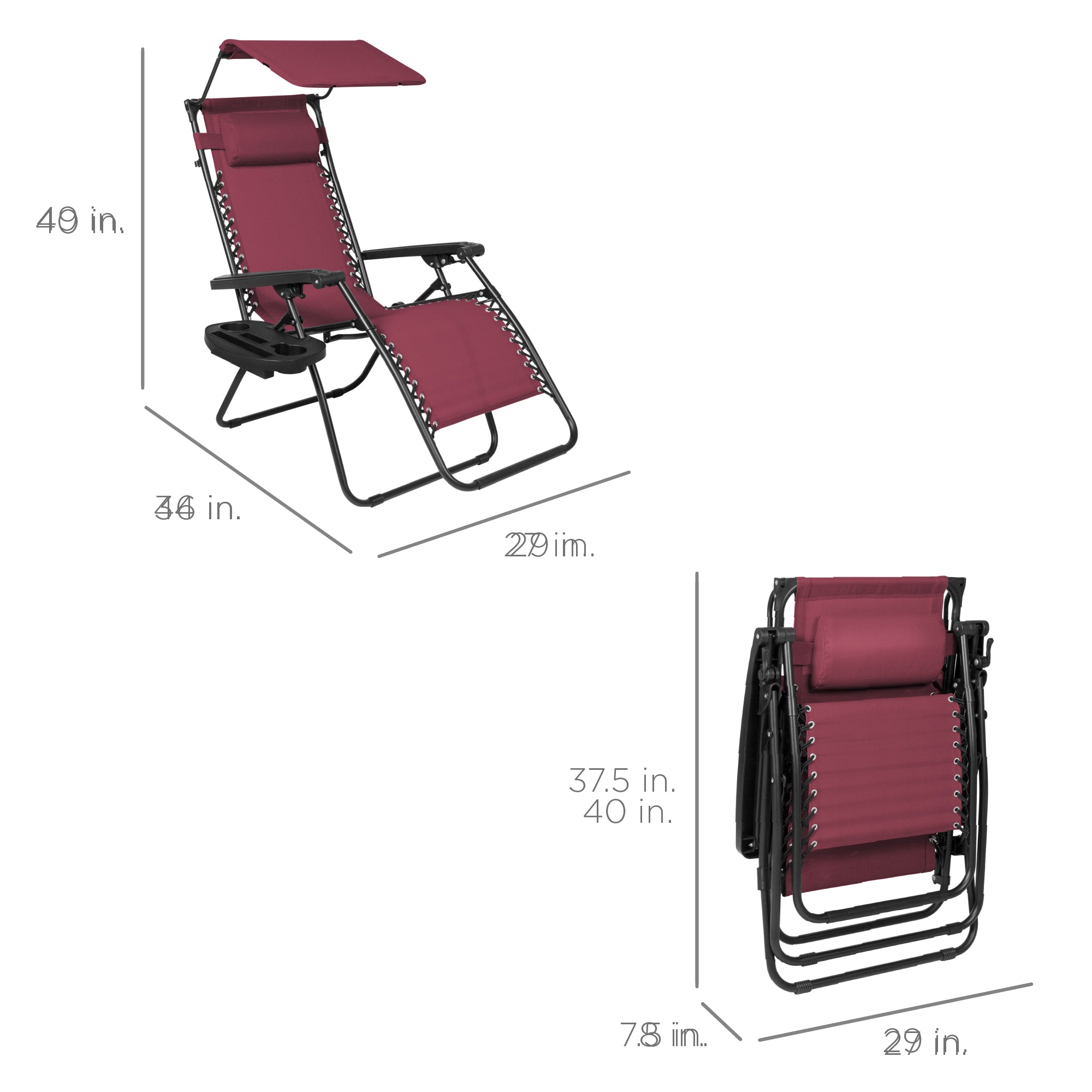 Best Choice Products Folding Zero Gravity Recliner Patio Lounge Chair w/ Canopy Shade, Headrest, Side Tray - Burgundy