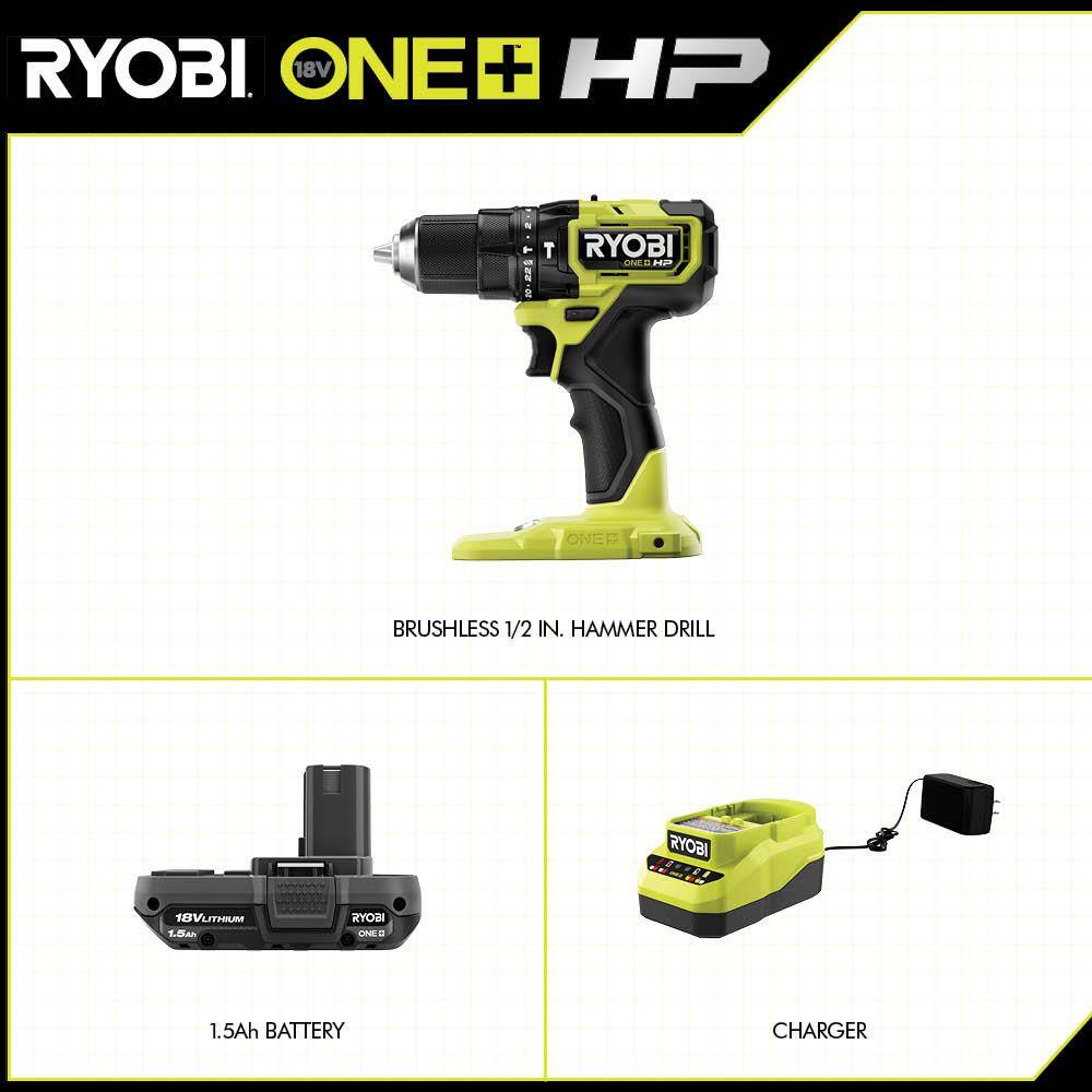 RYOBI ONE+ HP 18V Brushless Cordless Compact 12 in. Hammer Drill Kit with (1) 1.5 Ah Battery and Charger PSBHM01K