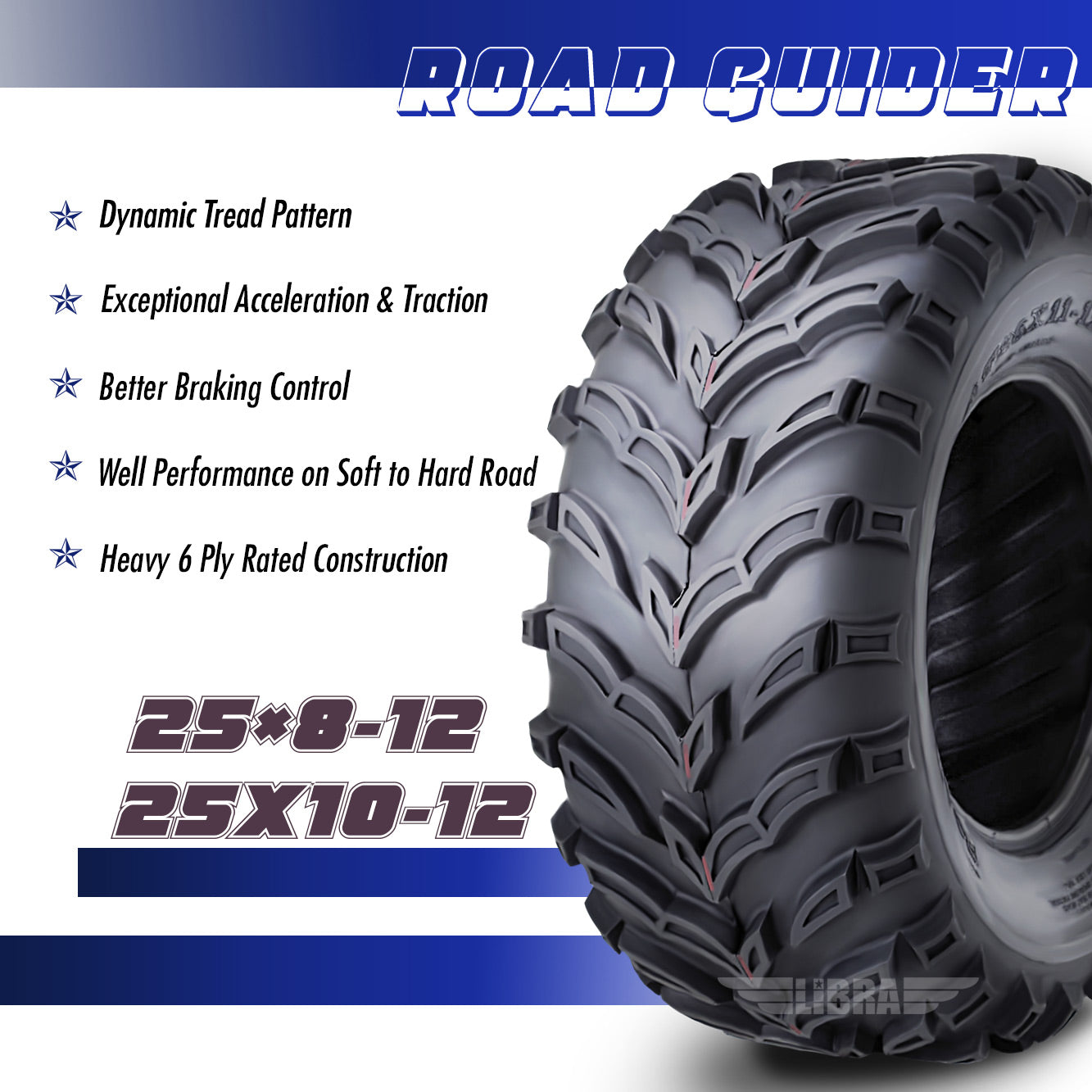 Roadguider ATV/UTV Tires 25x8-12 Front and 25x10-12 Rear 6PR 10272/273， Set 4