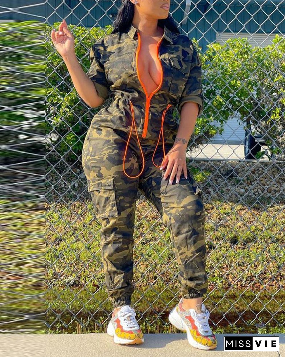 Camouflage Zipper Front Drawstring Jumpsuit