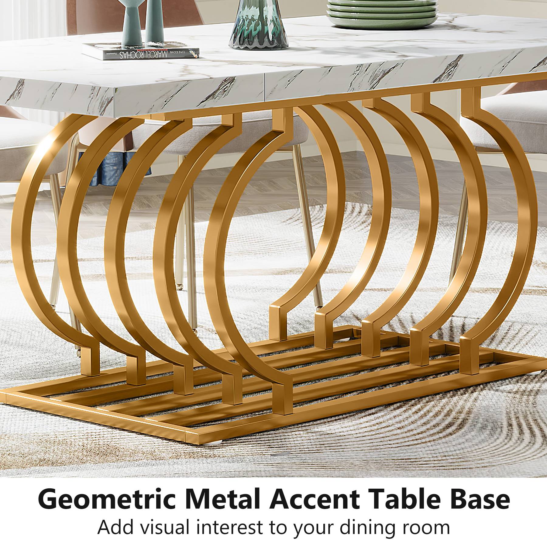 Faux Marble Dining Table, Wood Kitchen Table with Geometric Frame