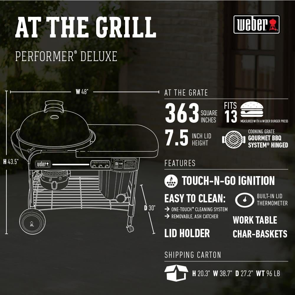 Weber 22 in. Performer Deluxe Charcoal Grill in Black with Built-In Thermometer and Digital Timer 15501001