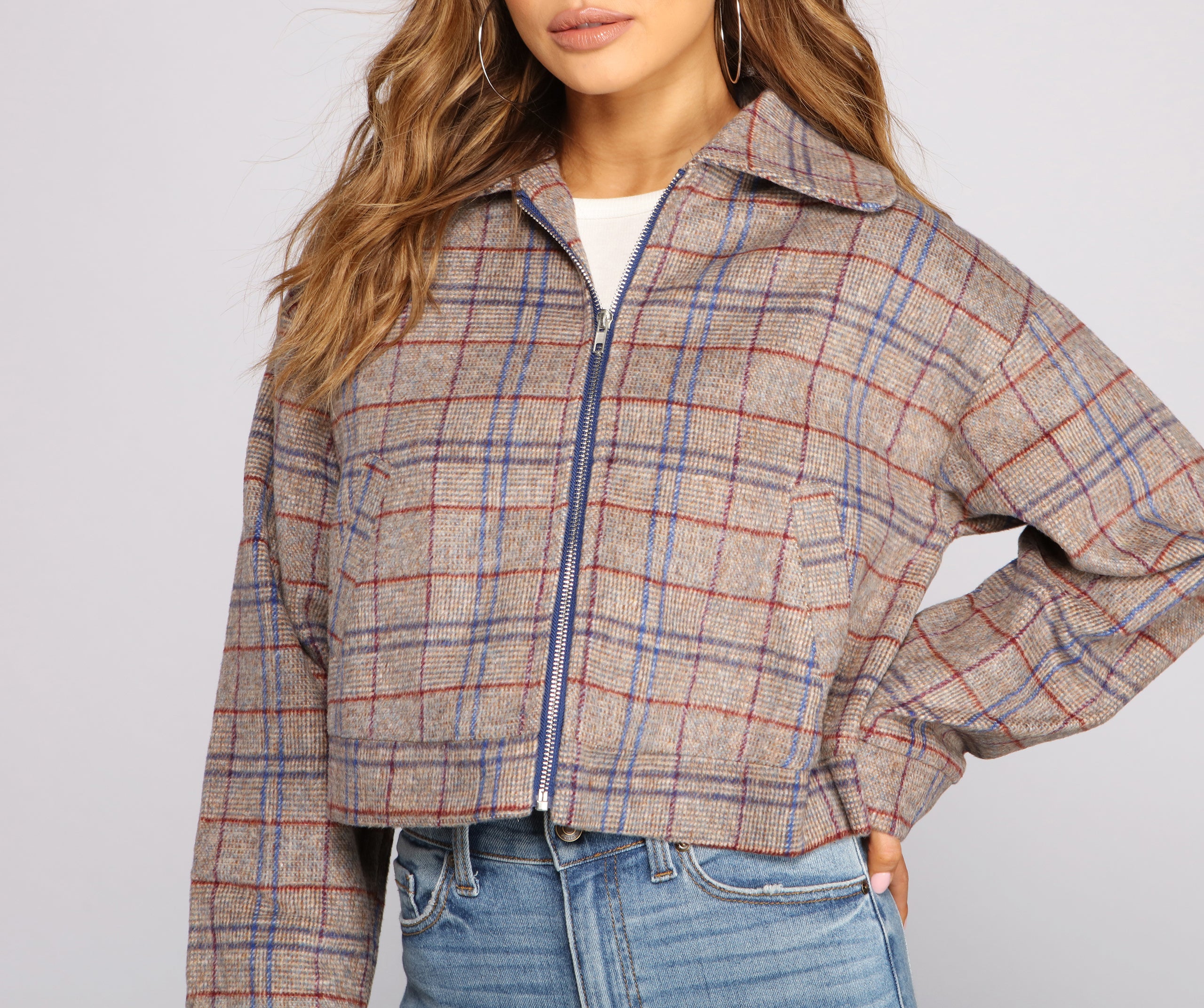 Perf Look In Plaid Oversized Cropped Jacket