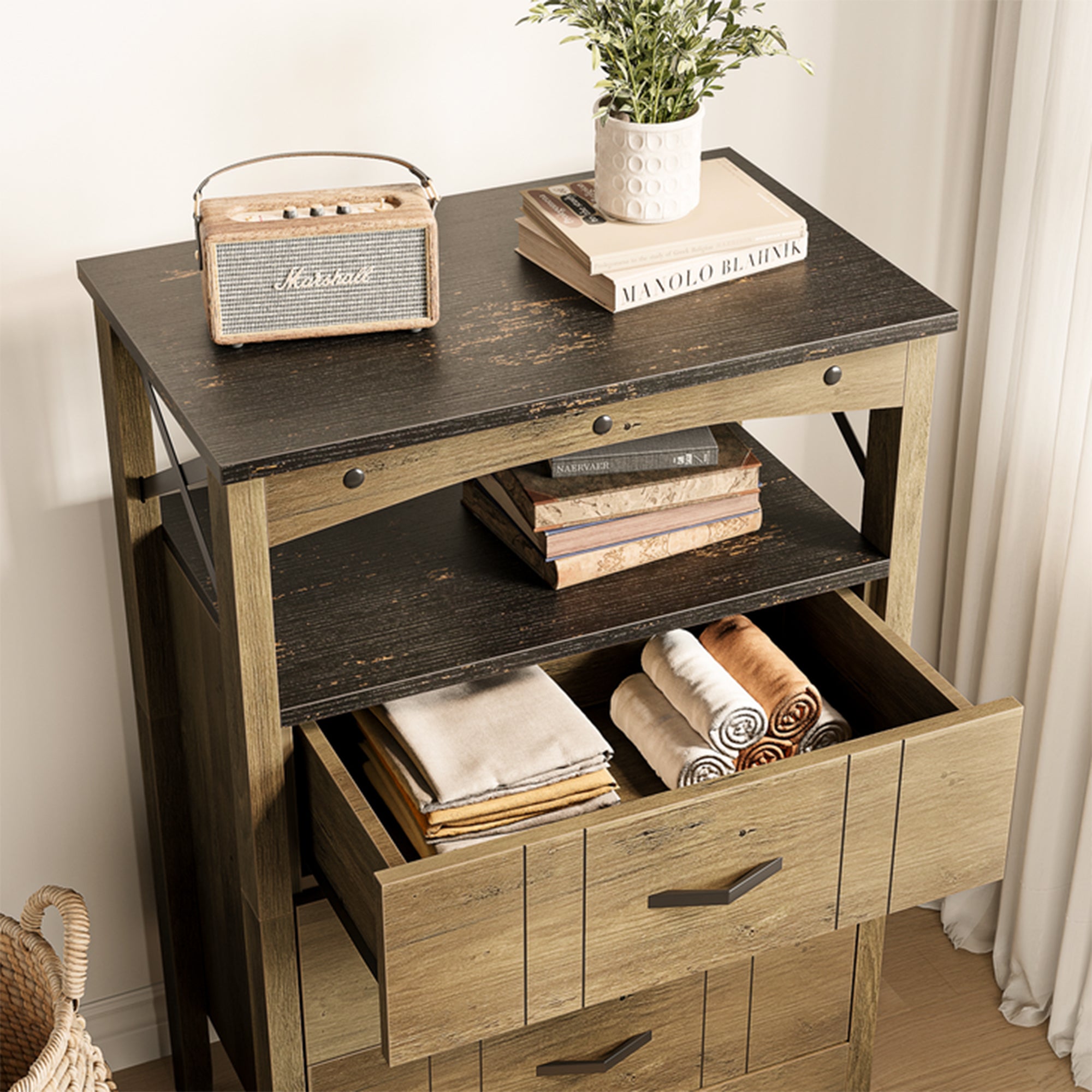 Bestier Hallway & Living Room Storage Cabinet w/ 2 Shelves & 3 Drawers, Brown