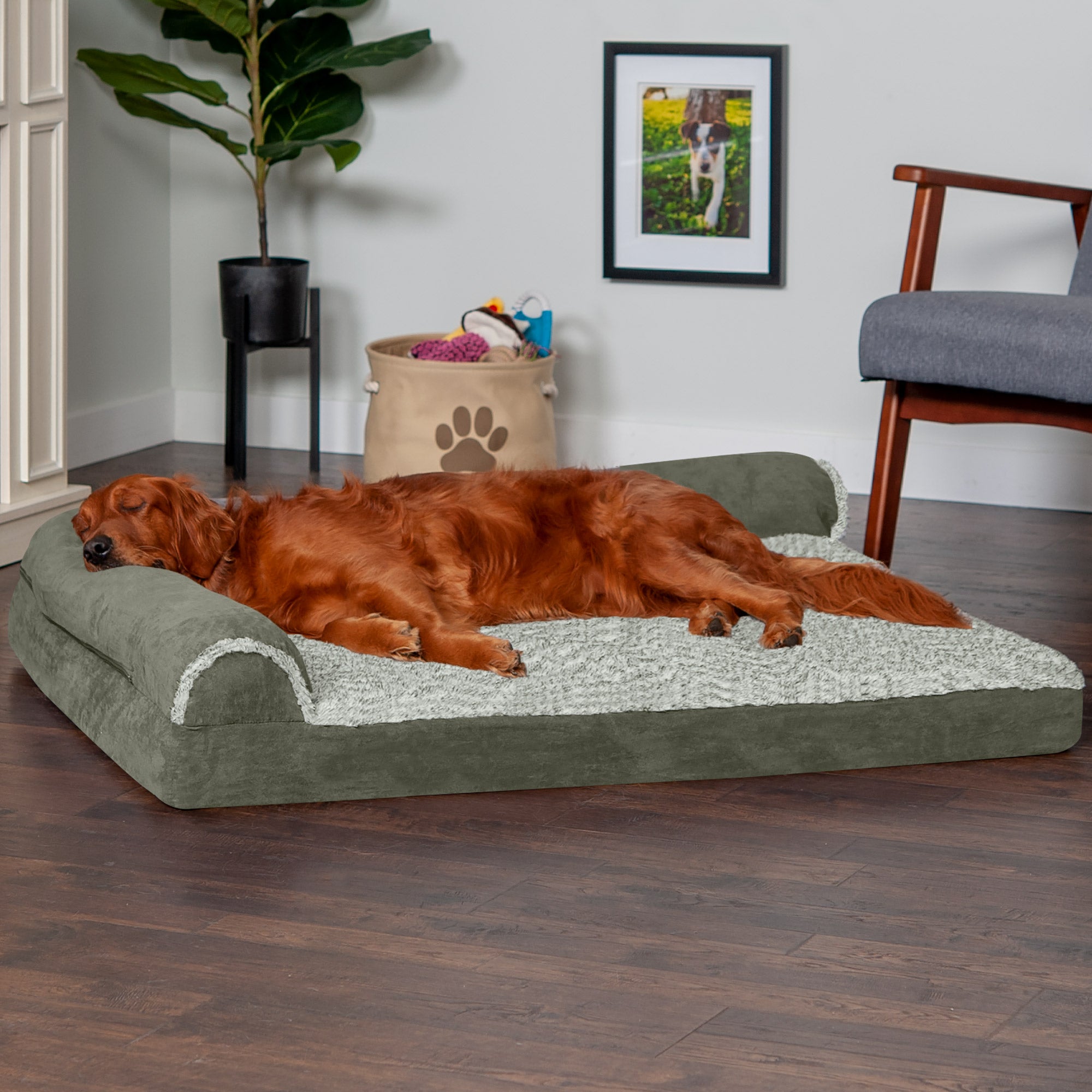 FurHaven Pet Products | Deluxe Memory Foam Chaise Faux Fur and Suede L-Shaped Lounge Sofa Pet Bed for Dogs and Cats， Dark Sage， Jumbo