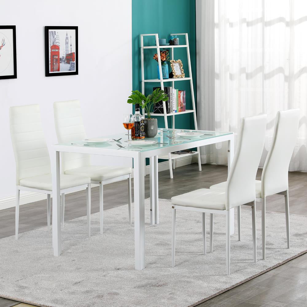 Zimtown Dining Table Set for 4, Kitchen Dining Room Table and 4 Chairs White Glass Dining Table with PU Leather Chairs, White