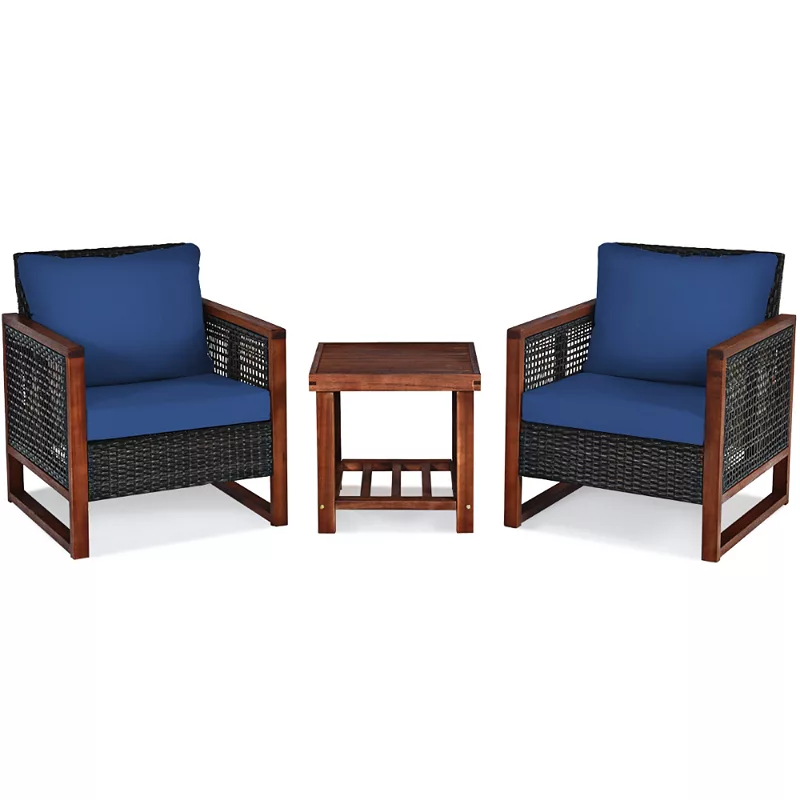 3 Pieces Patio Wicker Furniture Set with Washable Cushion and Acacia Wood Coffee Table