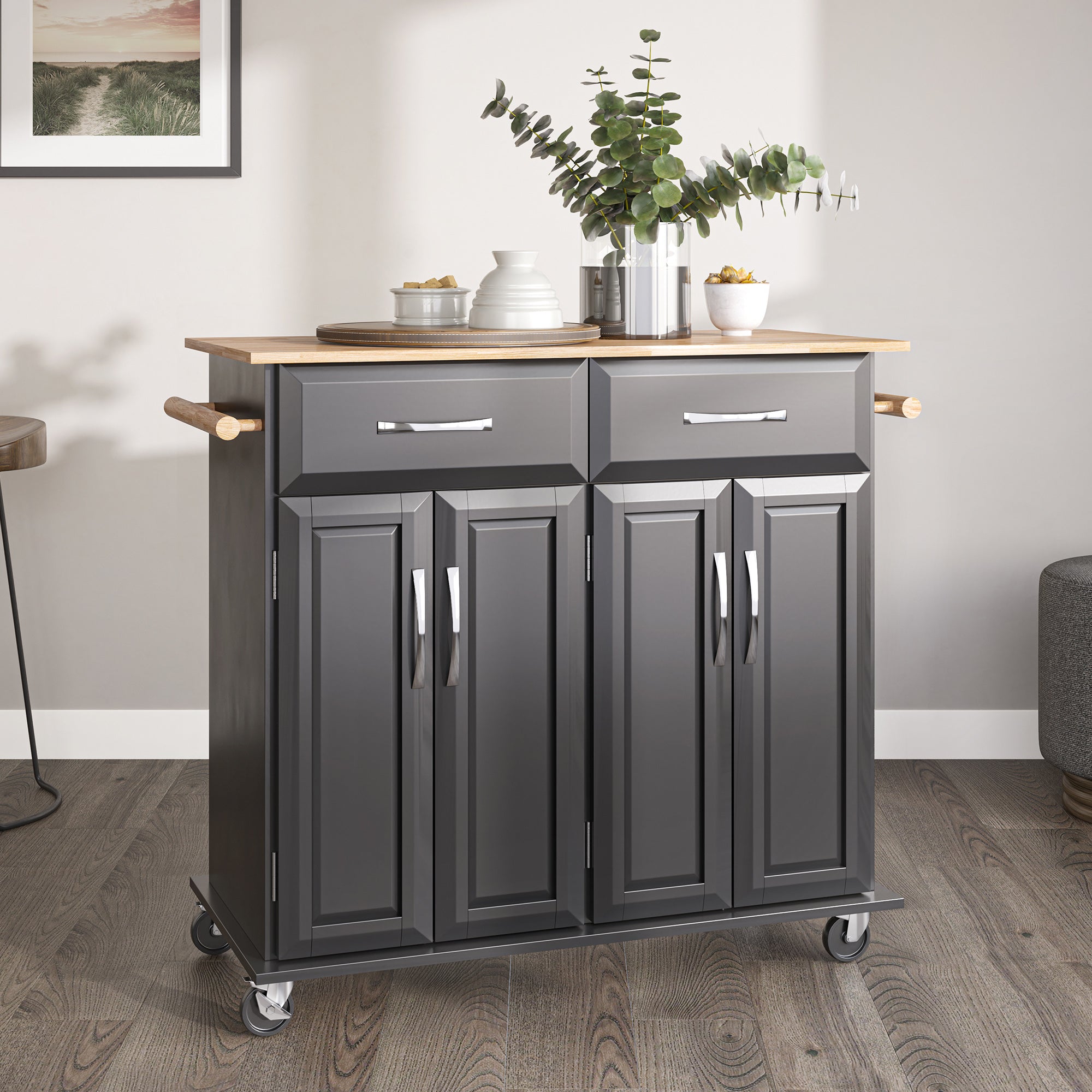 BELLEZE Rolling Kitchen Island Utility Cart with 2 Drawers - Baldy (Black)