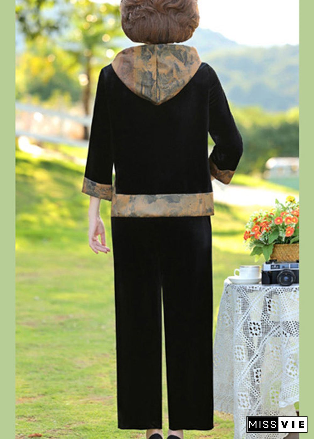 Elegant Black Print Patchwork Hooded Silk Velour Top And Wide Leg Pants Two Pieces Set Fall