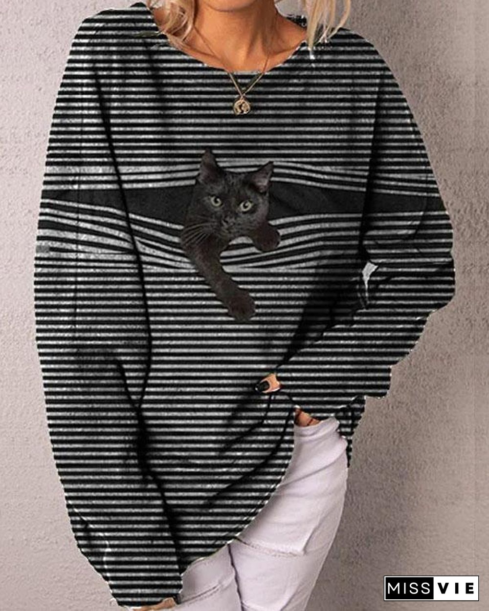 Casual Stripe Black Cat Long Sleeve Pullover T-shirts