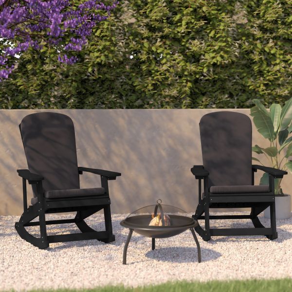 Savannah Set of 2 All-Weather Poly Resin Wood Adirondack Rocking Chairs in Black with Gray Cushions for Deck， Porch， and Patio