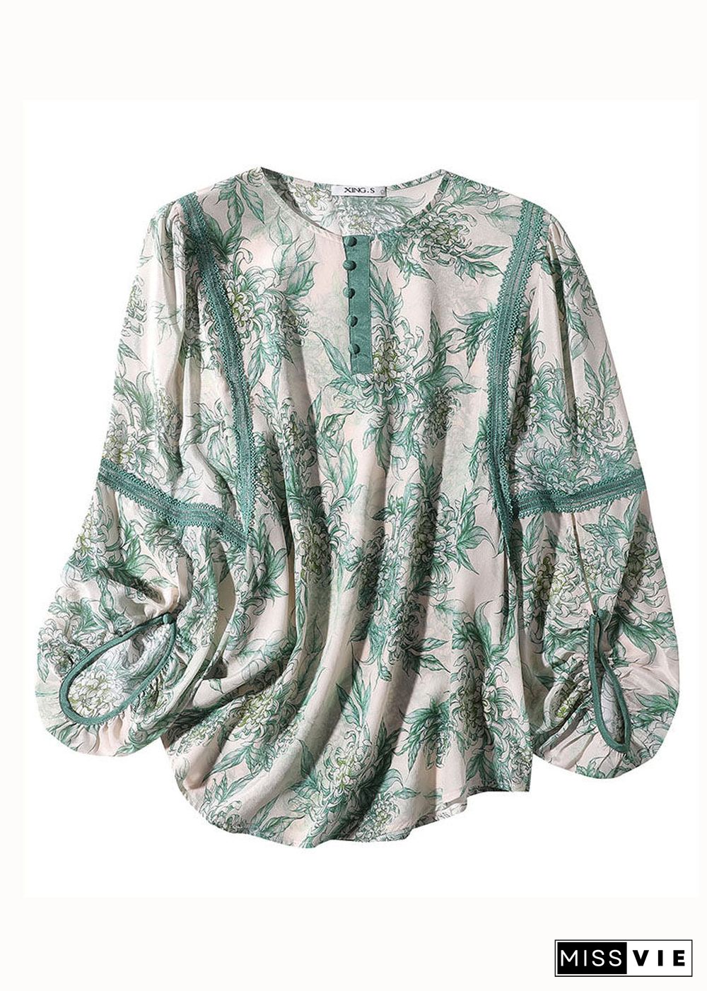 Natural Green O Neck Lace Patchwork Print Silk T Shirt Spring