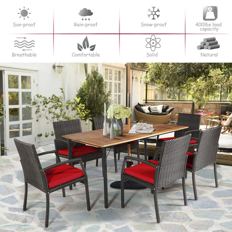 7 Pcs Rattan Patio Dining Set with Umbrella Hole, Acacia Wood Tabletop, Cushioned Chairs